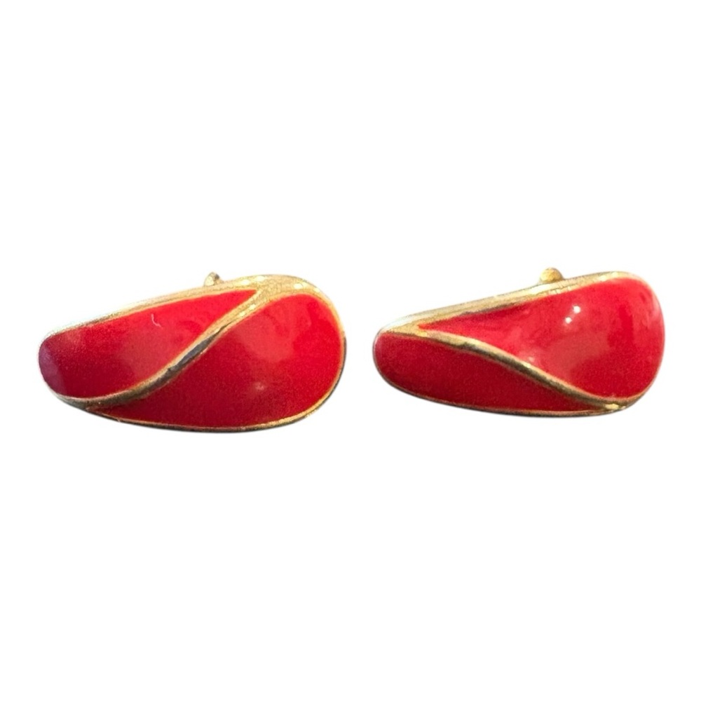 Crown Trifari Vintage Red Enamel Clip-On Earrings with Gold Swirl Accent JB7